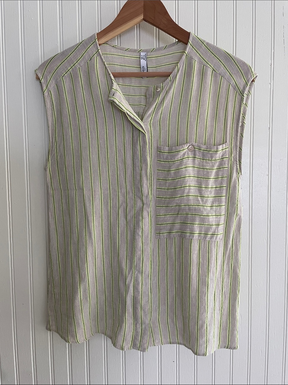 MNG suit brand Sleeveless Striped Button-Front Shirt in Beige with Lime Stripe